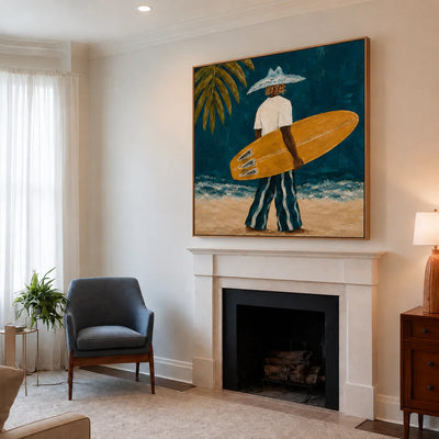 Golden Surfboard at the Teal Shore Wall Art styled interior scene 4 | Olyrel