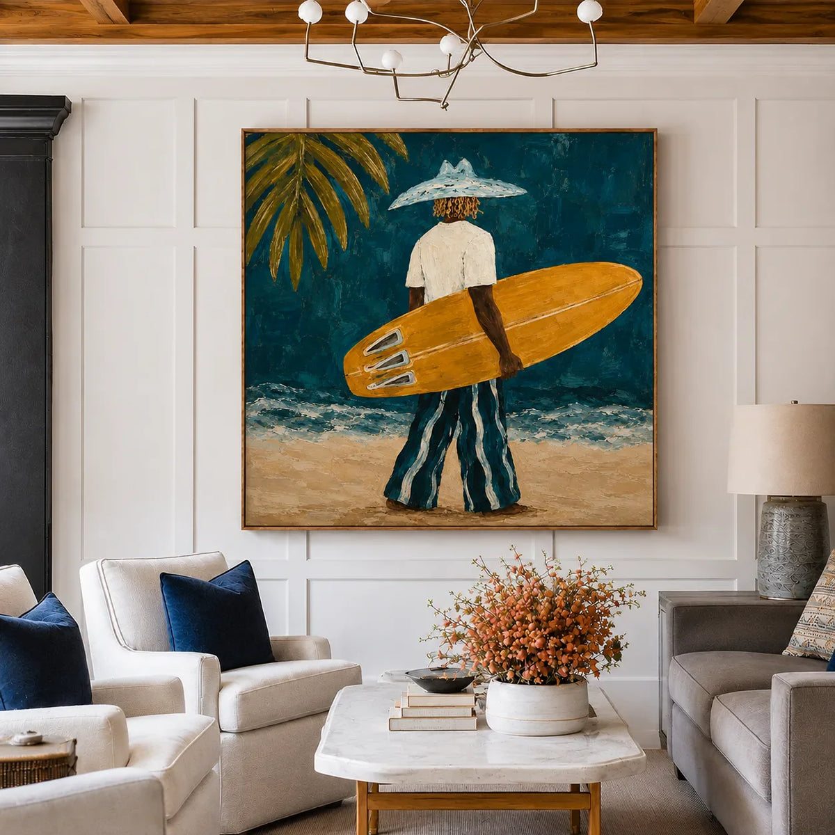 Golden Surfboard at the Teal Shore Wall Art styled interior scene 5 | Olyrel