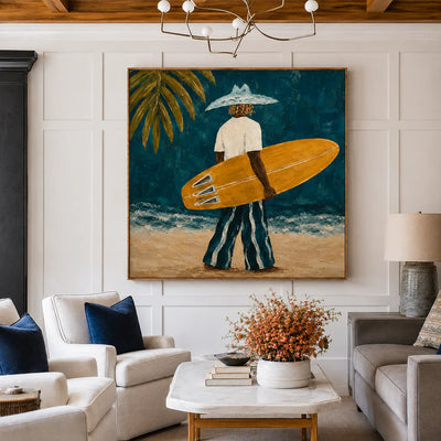 Golden Surfboard at the Teal Shore Wall Art styled interior scene 5 | Olyrel