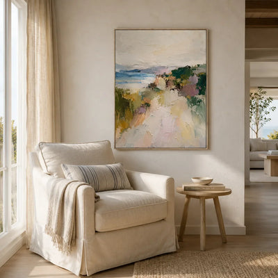 Cliffside Path Coastal Wall Art shown in a calm bedroom setting | Olyrel