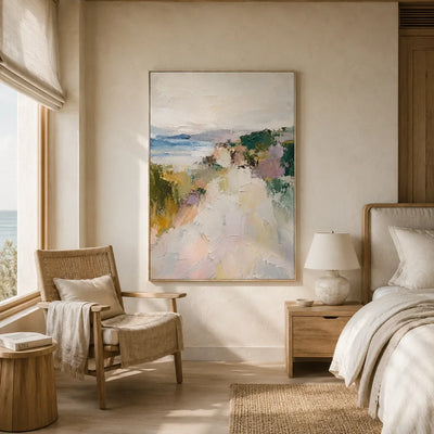 Cliffside Path Coastal Wall Art displayed in a bright dining room | Olyrel