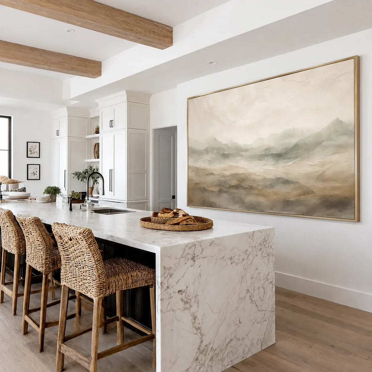 Quiet Taupe Valley and Distant Mountain Haze Wall Art styled interior scene 1 | Olyrel
