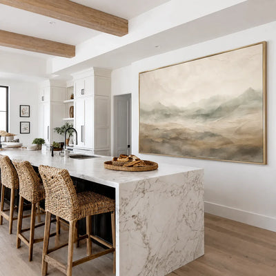 Quiet Taupe Valley and Distant Mountain Haze Wall Art styled interior scene 1 | Olyrel