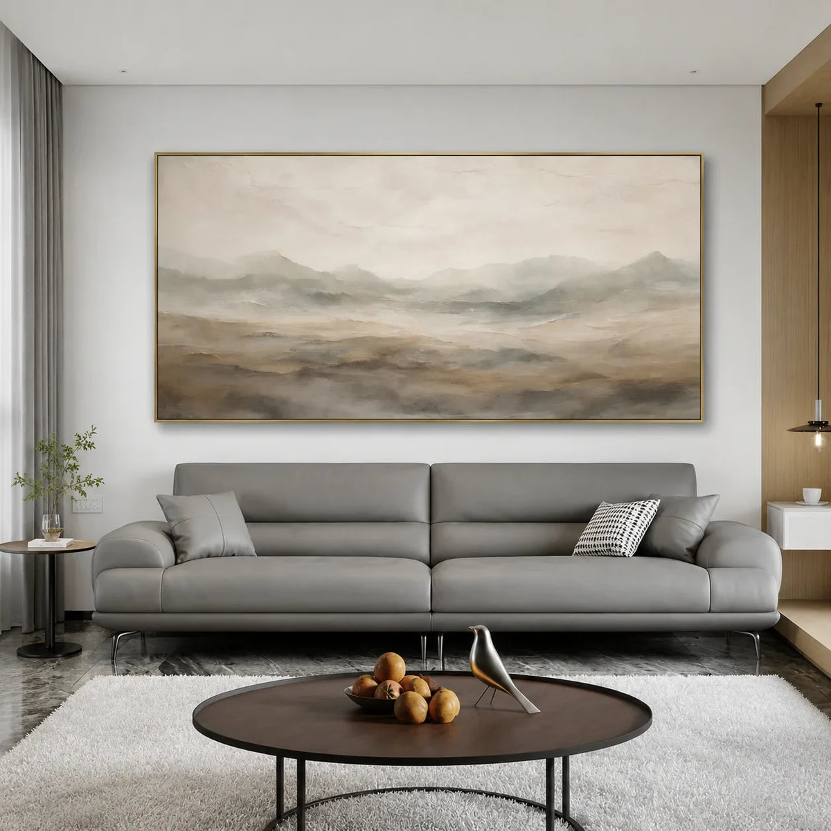Quiet Taupe Valley and Distant Mountain Haze Wall Art styled interior scene 2 | Olyrel