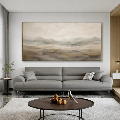 Quiet Taupe Valley and Distant Mountain Haze Wall Art styled interior scene 2 | Olyrel