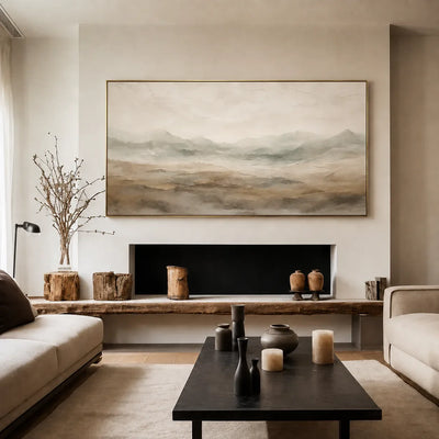 Quiet Taupe Valley and Distant Mountain Haze Wall Art styled interior scene 3 | Olyrel