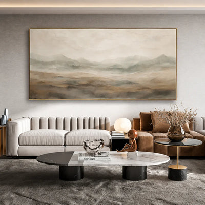 Quiet Taupe Valley and Distant Mountain Haze Wall Art styled interior scene 4 | Olyrel