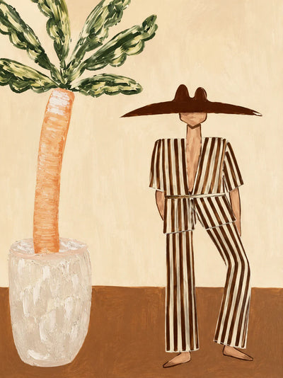 Striped Suit beside a Leafy Potted Tree Wall Art artwork view | Olyrel