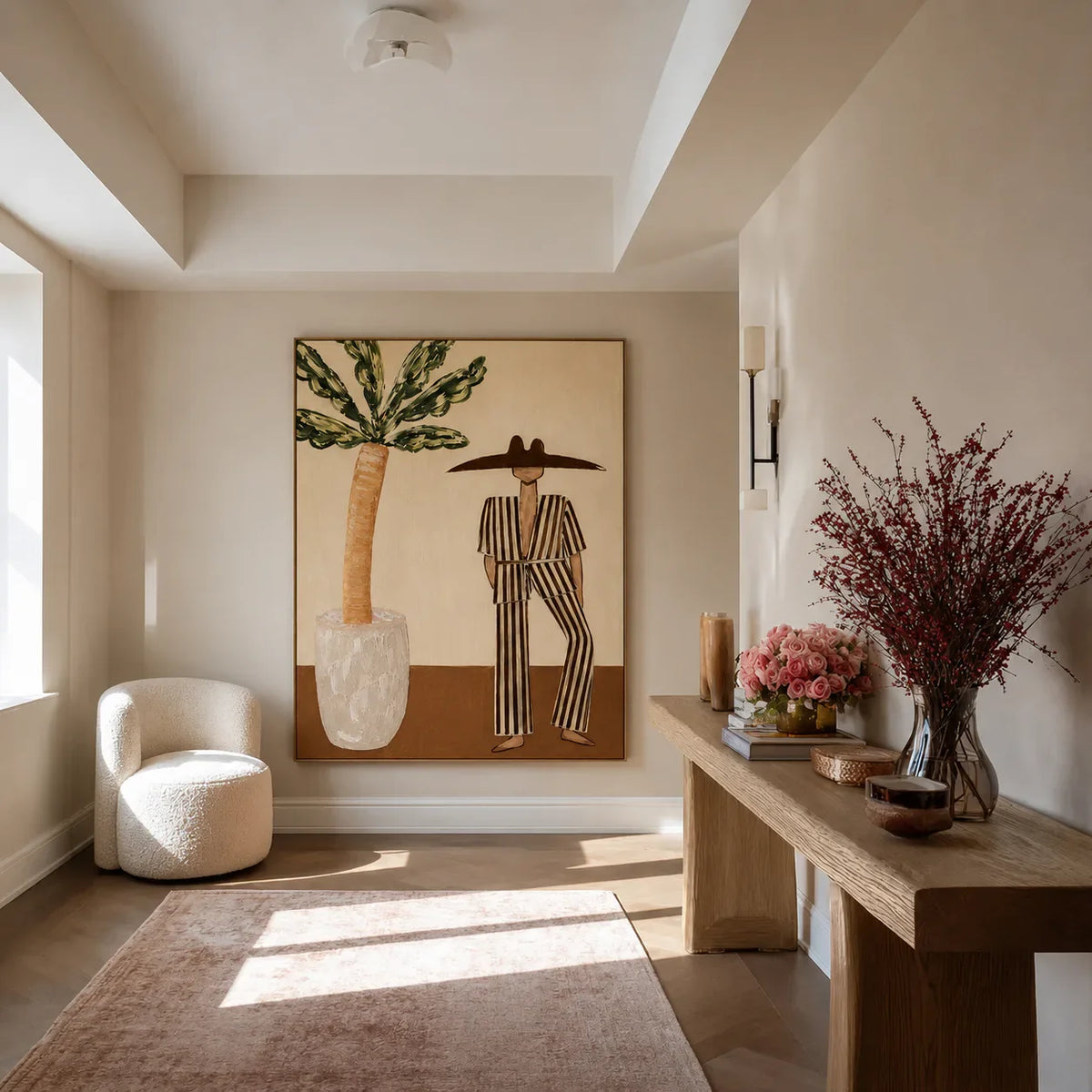 Striped Suit beside a Leafy Potted Tree Wall Art styled interior scene 1 | Olyrel