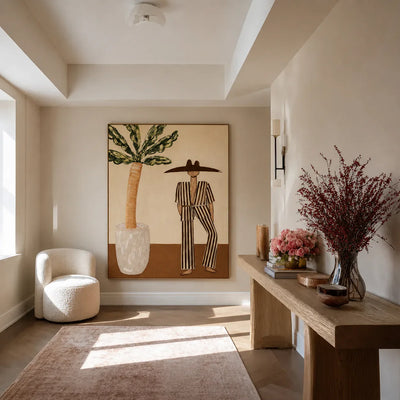 Striped Suit beside a Leafy Potted Tree Wall Art styled interior scene 1 | Olyrel