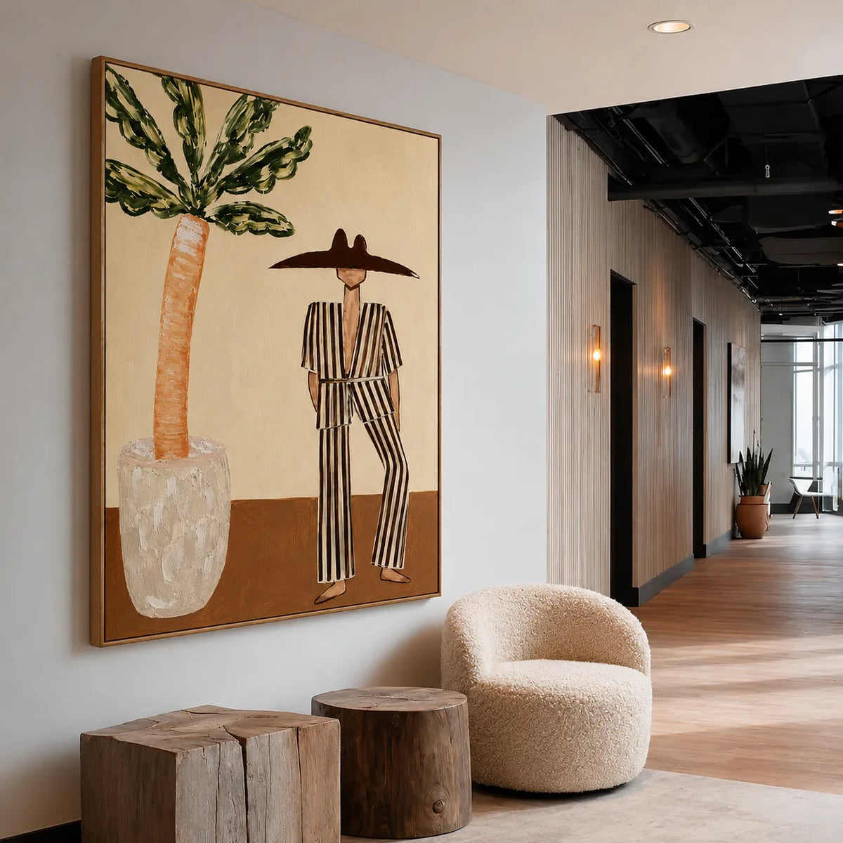 Striped Suit beside a Leafy Potted Tree Wall Art styled interior scene 2 | Olyrel