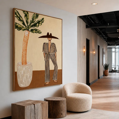 Striped Suit beside a Leafy Potted Tree Wall Art styled interior scene 2 | Olyrel