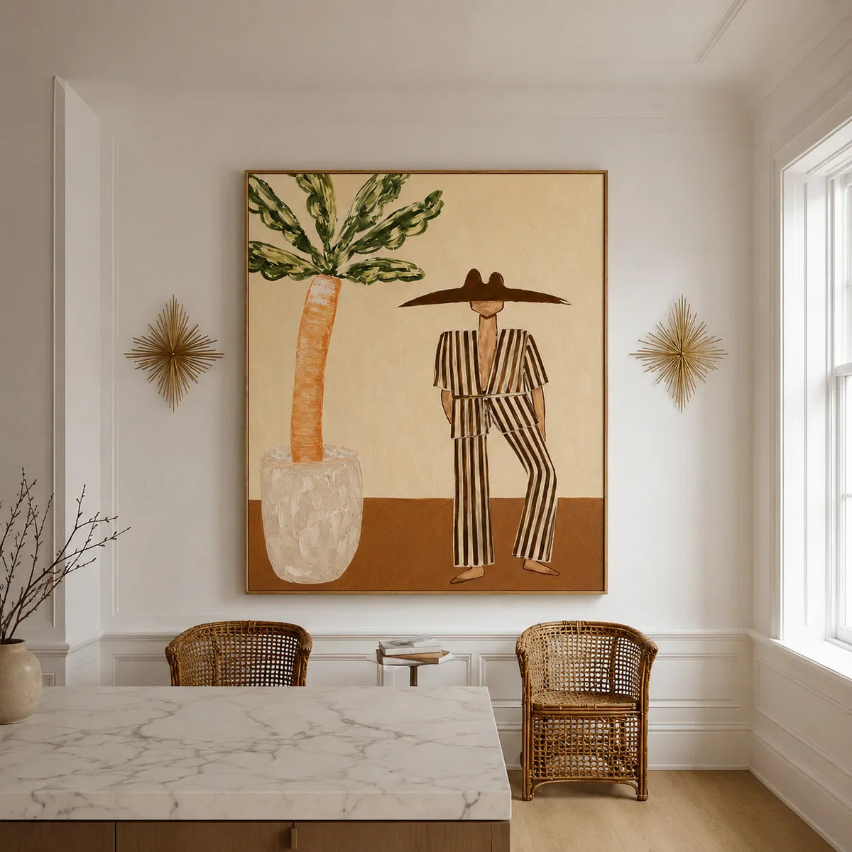 Striped Suit beside a Leafy Potted Tree Wall Art styled interior scene 3 | Olyrel