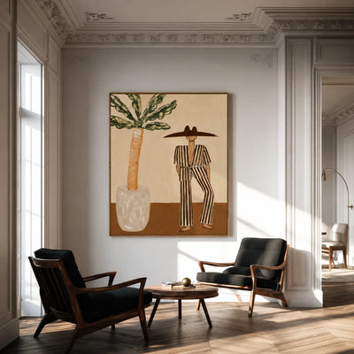 Striped Suit beside a Leafy Potted Tree Wall Art styled interior scene 4 | Olyrel