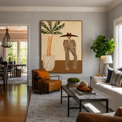 Striped Suit beside a Leafy Potted Tree Wall Art styled interior scene 5 | Olyrel
