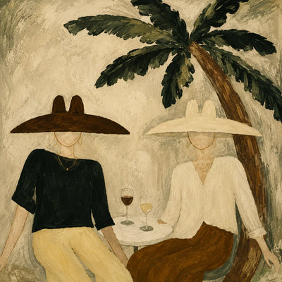 Palm Shade Conversation with Wine Glasses Wall Art artwork view | Olyrel