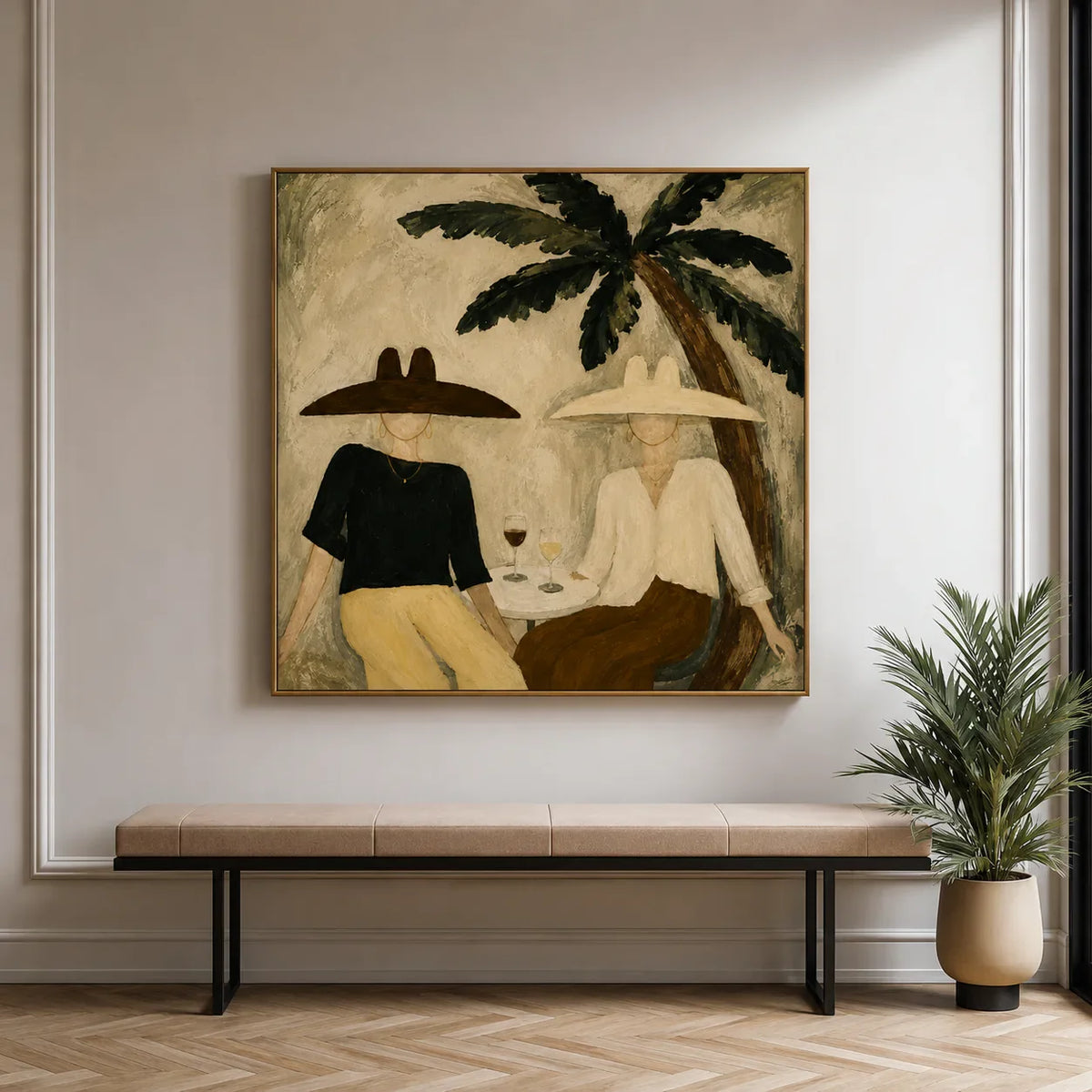 Palm Shade Conversation with Wine Glasses Wall Art styled interior scene 1 | Olyrel