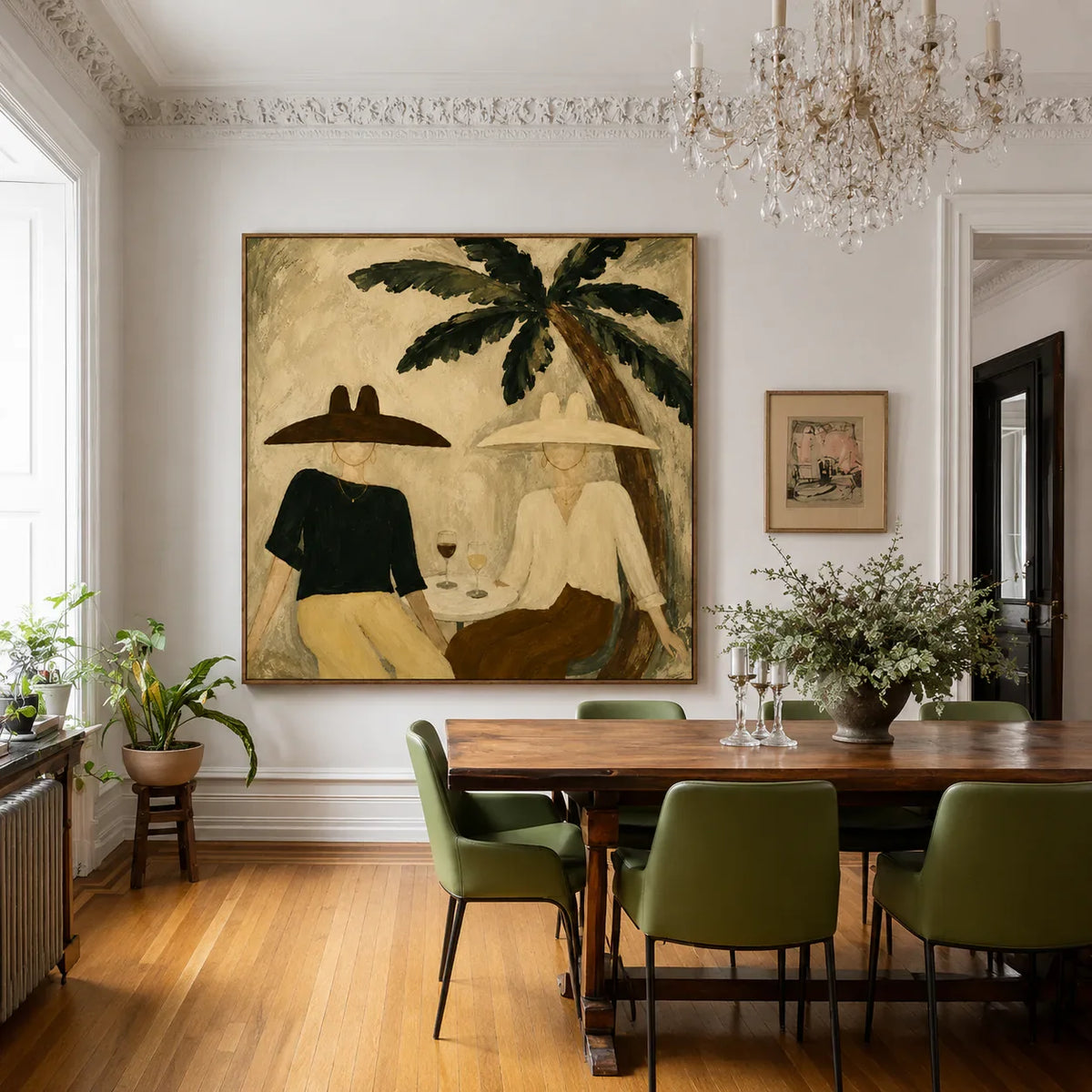 Palm Shade Conversation with Wine Glasses Wall Art styled interior scene 3 | Olyrel
