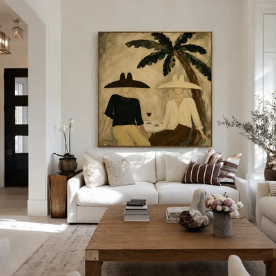 Palm Shade Conversation with Wine Glasses Wall Art styled interior scene 4 | Olyrel