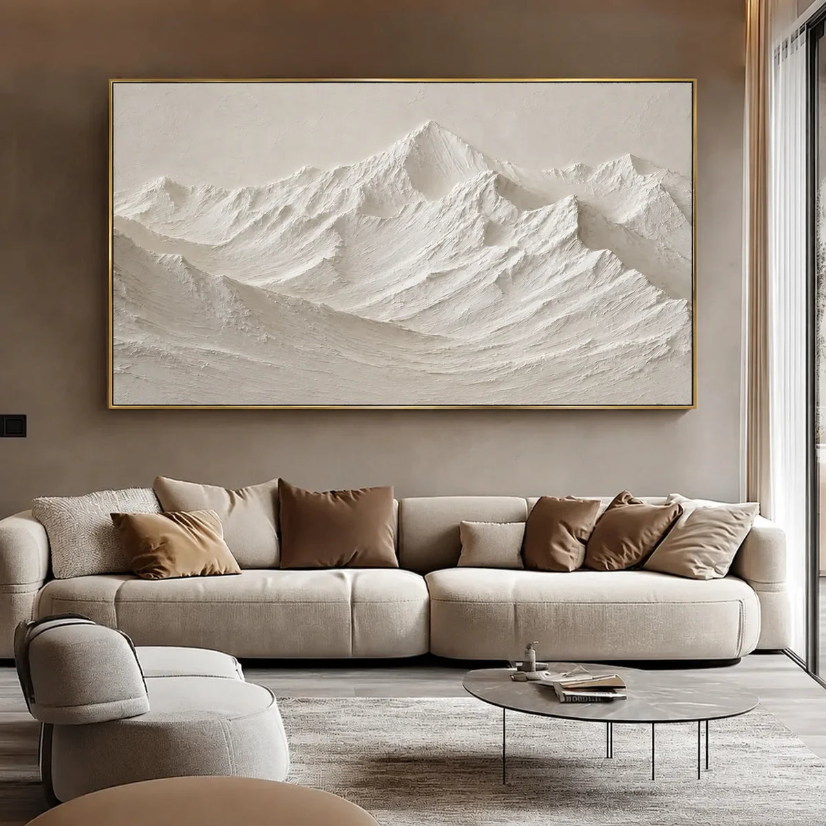 Sculpted Ivory Mountain Panorama Wall Art styled interior scene 2 | Olyrel
