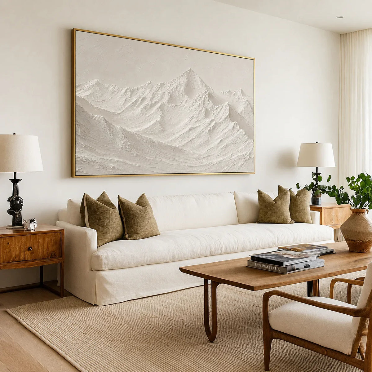 Sculpted Ivory Mountain Panorama Wall Art styled interior scene 4 | Olyrel