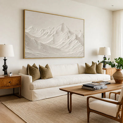 Sculpted Ivory Mountain Panorama Wall Art styled interior scene 4 | Olyrel