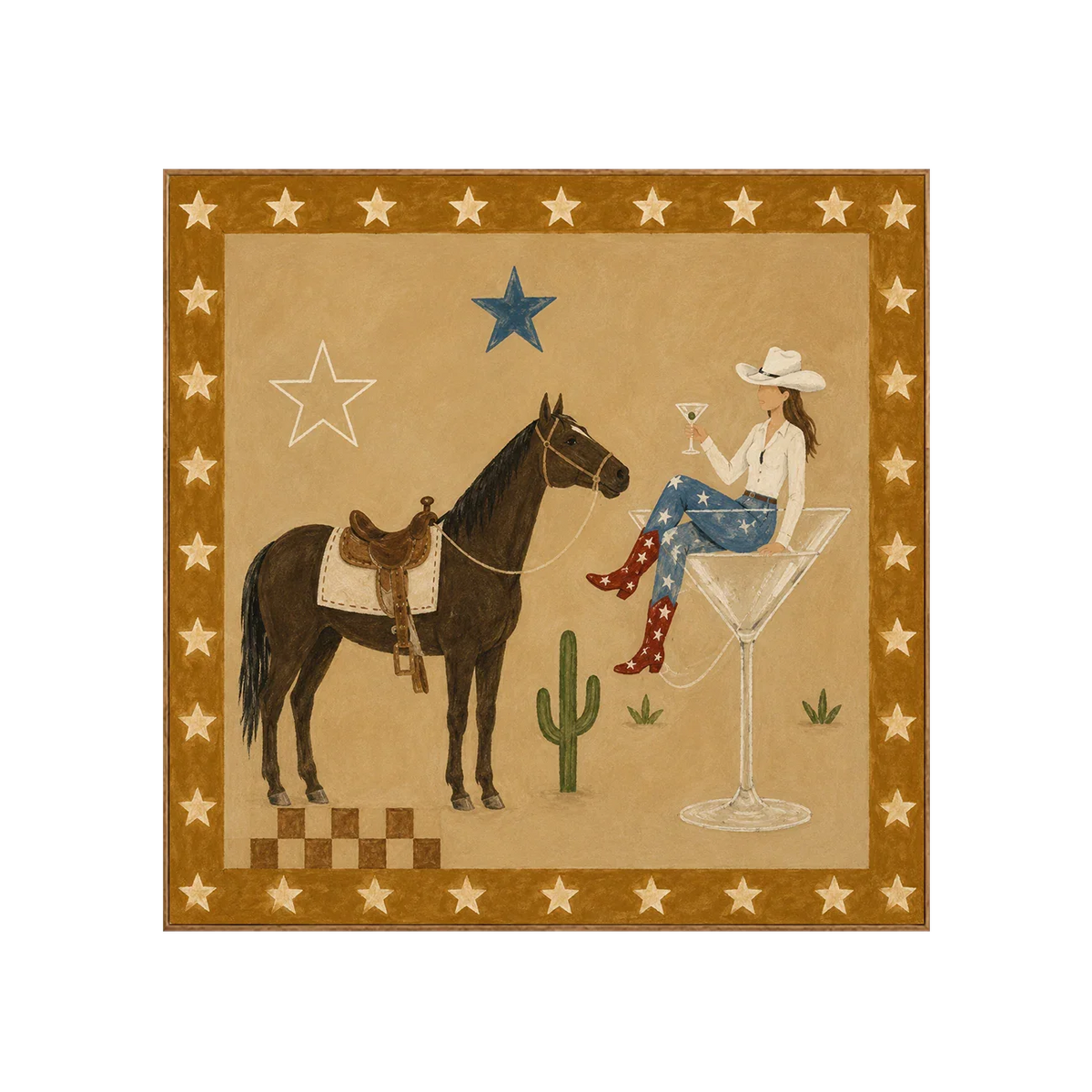 Cowgirl Cocktail and Horse under Golden Stars Wall Art | Olyrel