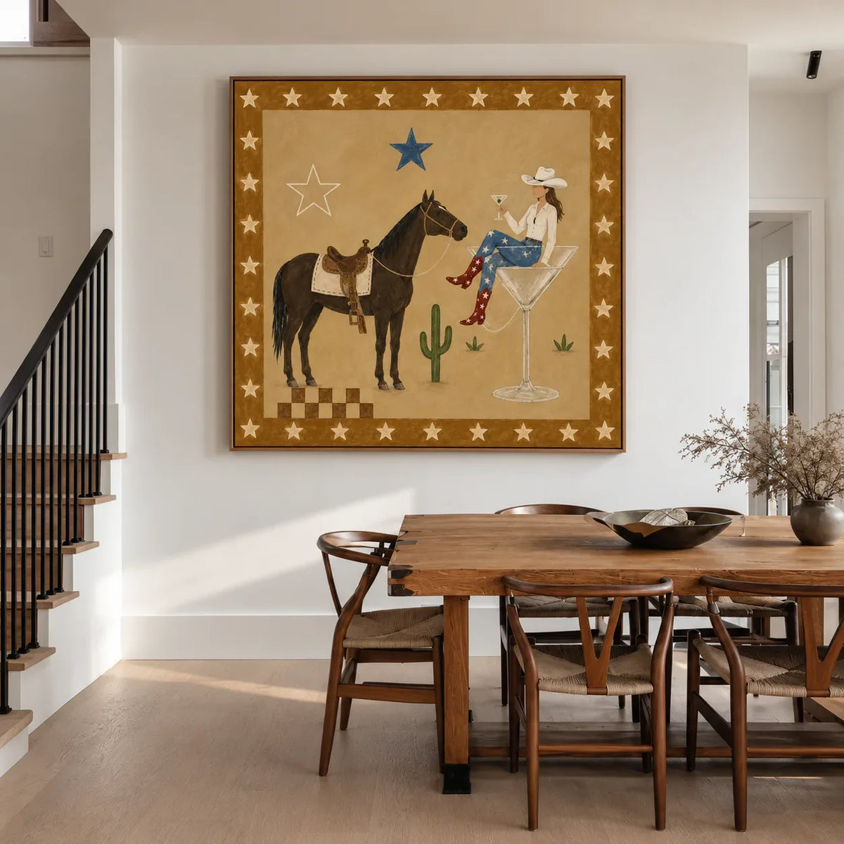 Cowgirl Cocktail and Horse under Golden Stars Wall Art styled interior scene 1 | Olyrel
