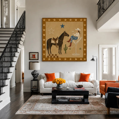 Cowgirl Cocktail and Horse under Golden Stars Wall Art styled interior scene 2 | Olyrel