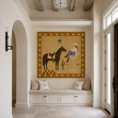 Cowgirl Cocktail and Horse under Golden Stars Wall Art styled interior scene 3 | Olyrel