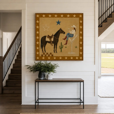 Cowgirl Cocktail and Horse under Golden Stars Wall Art styled interior scene 4 | Olyrel