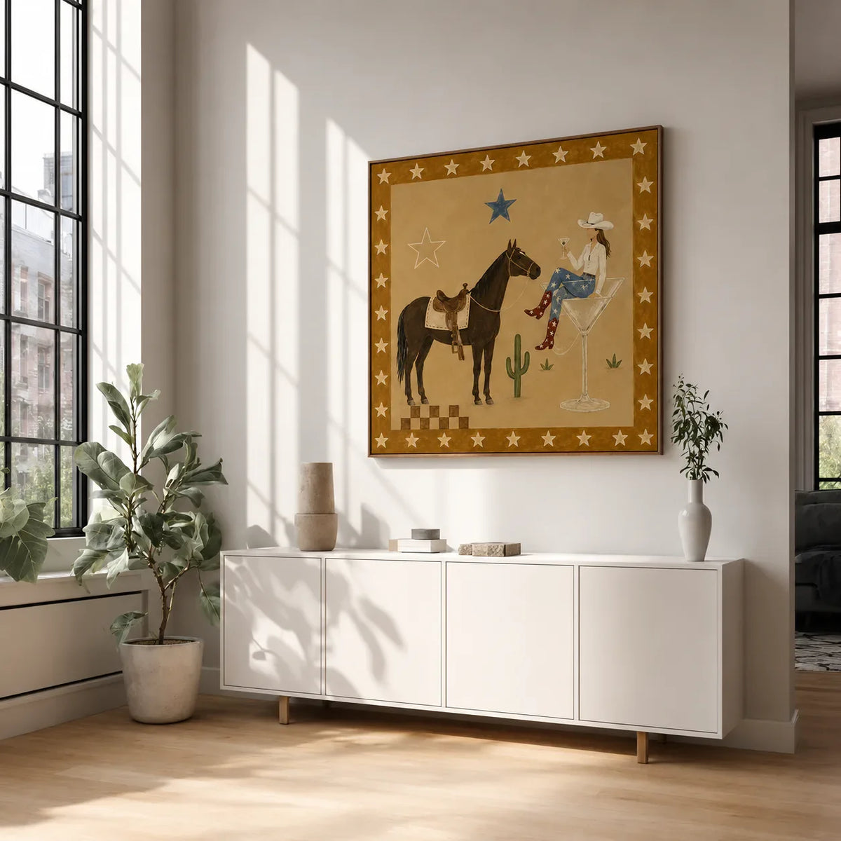 Cowgirl Cocktail and Horse under Golden Stars Wall Art styled interior scene 5 | Olyrel