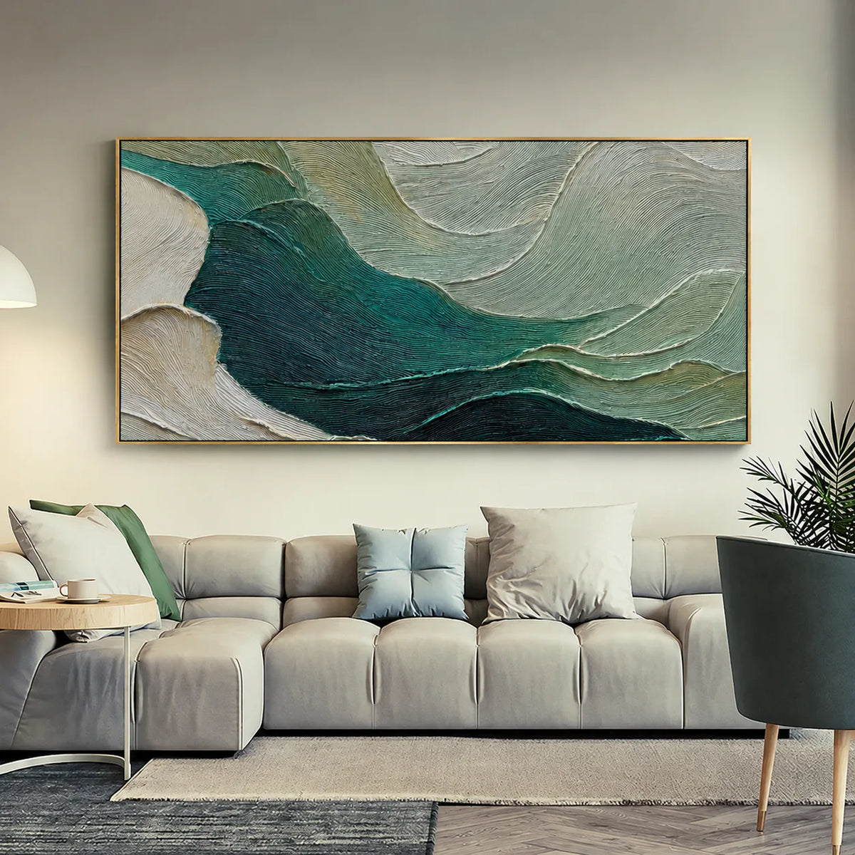 Sculpted Teal Currents and Sage Waves Wall Art styled interior scene 2 | Olyrel