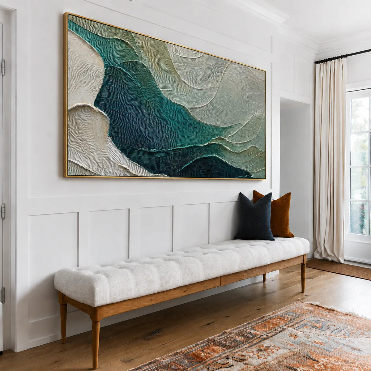 Sculpted Teal Currents and Sage Waves Wall Art styled interior scene 4 | Olyrel