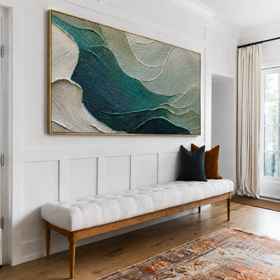 Sculpted Teal Currents and Sage Waves Wall Art styled interior scene 4 | Olyrel