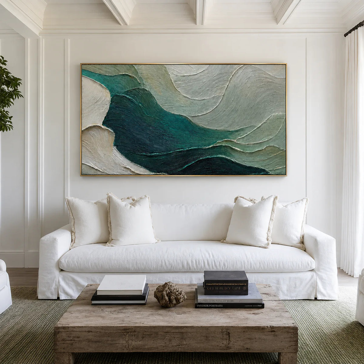 Sculpted Teal Currents and Sage Waves Wall Art styled interior scene 5 | Olyrel