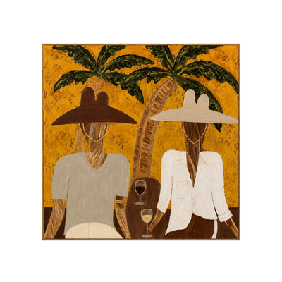Two Hat Figures Under Palms on Ochre Wall Art | Olyrel