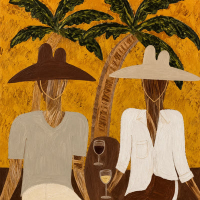 Two Hat Figures Under Palms on Ochre Wall Art artwork view | Olyrel
