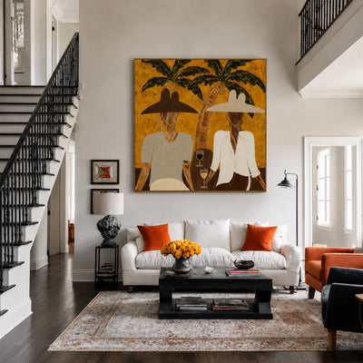 Two Hat Figures Under Palms on Ochre Wall Art styled interior scene 1 | Olyrel