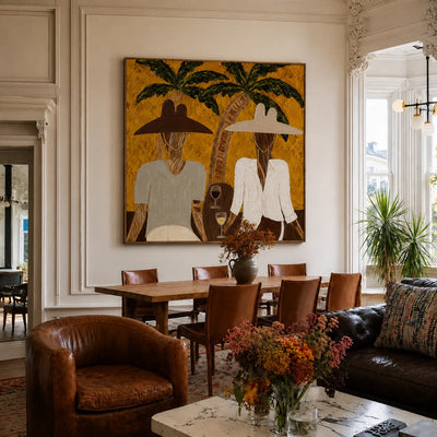 Two Hat Figures Under Palms on Ochre Wall Art styled interior scene 2 | Olyrel