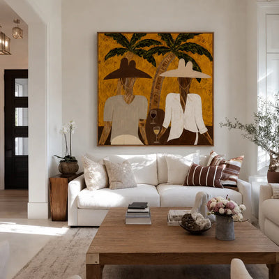 Two Hat Figures Under Palms on Ochre Wall Art styled interior scene 3 | Olyrel