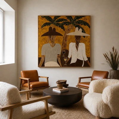 Two Hat Figures Under Palms on Ochre Wall Art styled interior scene 5 | Olyrel