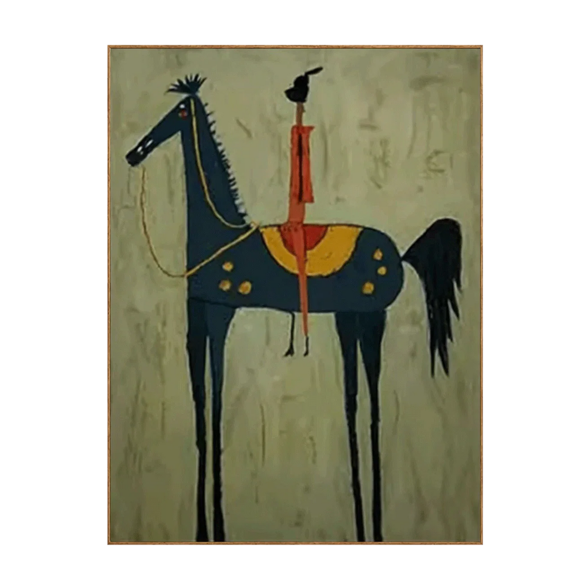 Red Rider on a Navy Horse with Sage Ground Wall Art | Olyrel