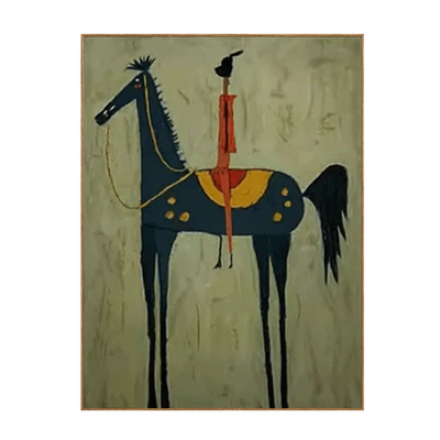 Red Rider on a Navy Horse with Sage Ground Wall Art | Olyrel