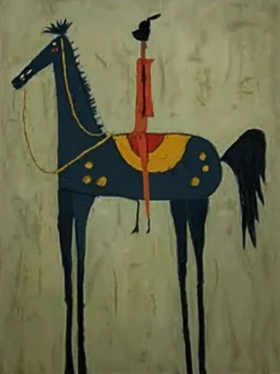 Red Rider on a Navy Horse with Sage Ground Wall Art artwork view | Olyrel