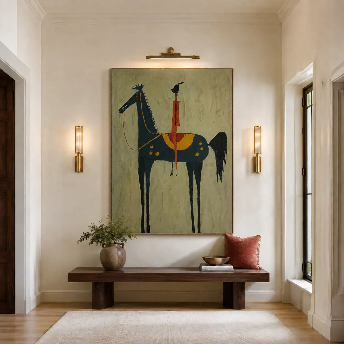 Red Rider on a Navy Horse with Sage Ground Wall Art styled interior scene 1 | Olyrel