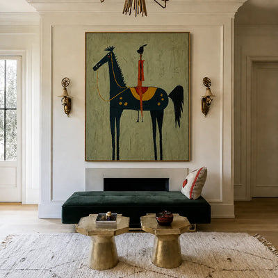 Red Rider on a Navy Horse with Sage Ground Wall Art styled interior scene 2 | Olyrel