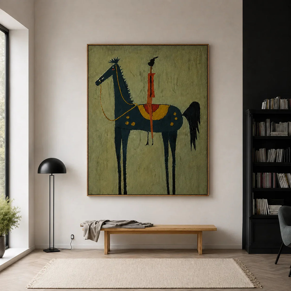 Red Rider on a Navy Horse with Sage Ground Wall Art styled interior scene 3 | Olyrel