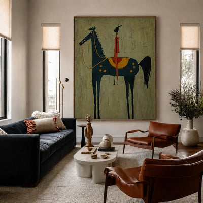 Red Rider on a Navy Horse with Sage Ground Wall Art styled interior scene 4 | Olyrel
