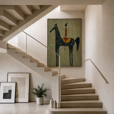 Red Rider on a Navy Horse with Sage Ground Wall Art styled interior scene 5 | Olyrel
